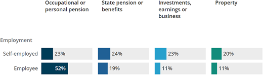 An employment chart shows “Self-employed” and “Employee” categories with percentages for four groups of persons.