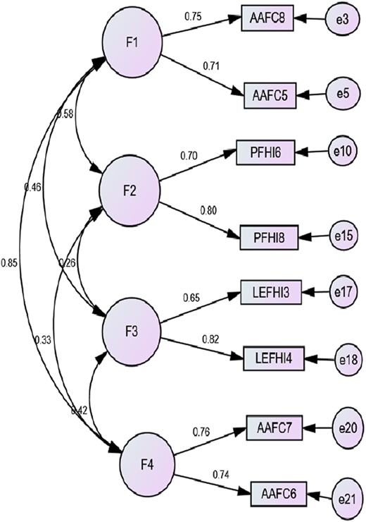 A figure shows a final adjusted model of four latent variables with measured indicators.