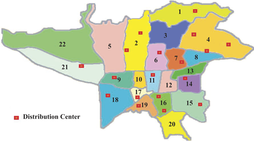 Map of case study: region and potential locations of distribution centers Refer to the image caption for details.