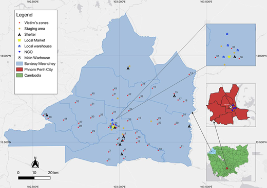 Map showing the spatial distribution of affected zones, shelters, warehouses, local markets, and support facilities across Banteay Meanchey Province. These locations are used as test sites in the research to evaluate the proposed humanitarian logistics model.