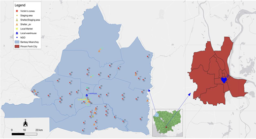 Map displaying the results of the proposed multi-objective two-stage stochastic optimization model for the case study in Banteay Meanchey. It highlights the selected locations for each facility type, including warehouses, shelters, staging areas, and local markets, based on the model’s optimized decisions.