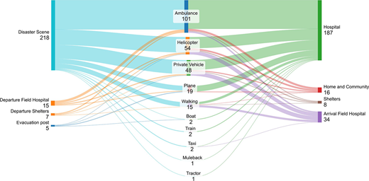 Flow diagram illustrating patient transport routes from disaster scenes to various destinations using different transport modes.