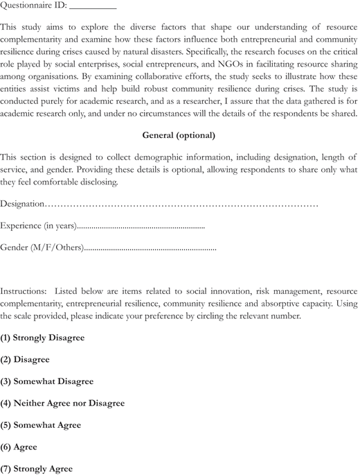 Questionnaire detailing a study on resource complementarity and resilience during natural disasters, including sections for demographic information and response scale for various statements.