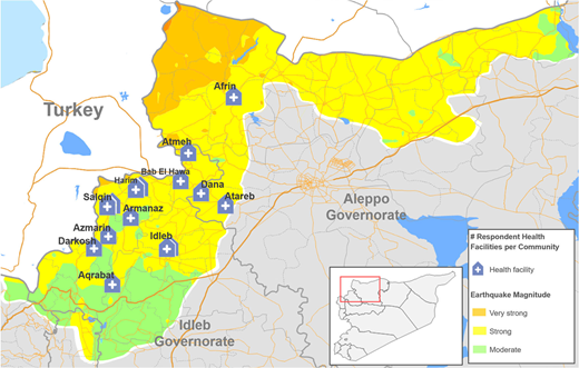 A map of northwest Syria shows earthquake intensity zones and locations of health facilities across communities in Idleb and Aleppo governorates.