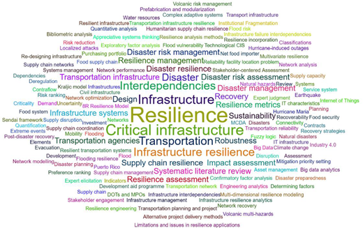 A word cloud presents resilience, infrastructure, critical infrastructure, interdependencies, and transportation as prominent terms.