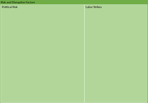 A treemap is headed Risk and Disruption Factors. Political Risk occupies the larger section on the left. Labor Strikes occupies the section on the right.