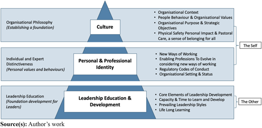 A triangular three-layer framework diagram shows leadership development.