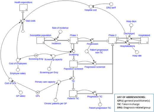 An S D model showing a chronic care pathway with interconnected nodes, arrows, and labeled processes.