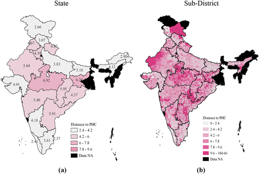 A series of two maps of India showing distance to P H C at state and sub-district levels.