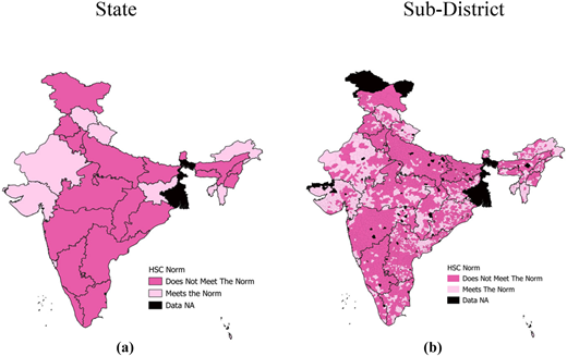 A image with two side-by-side maps of India showing H S C norm compliance at state and sub-district levels.