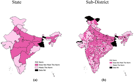 A series of two maps of India showing P H C norm compliance at state and sub-district levels.