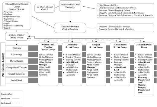 An organizational chart of clinical services groups and executive leadership.