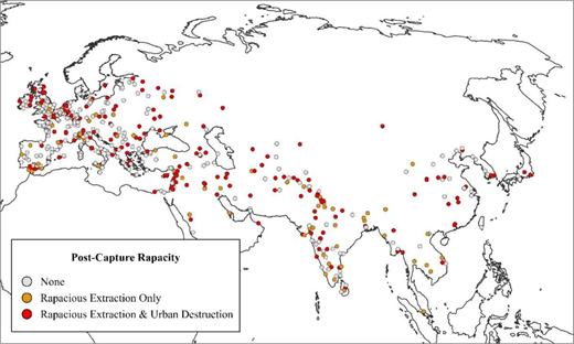 The map shows locations marked by coloured dots indicating different levels of post capture rapacity.