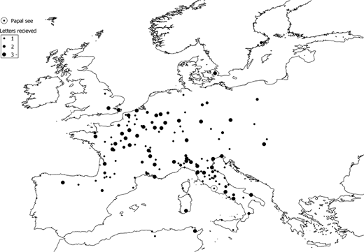 The map shows locations of papal sees and letters received in Europe.