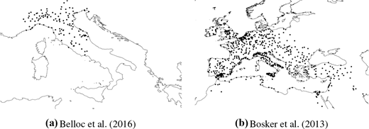 Two maps placed side by side displaying data points from different studies.