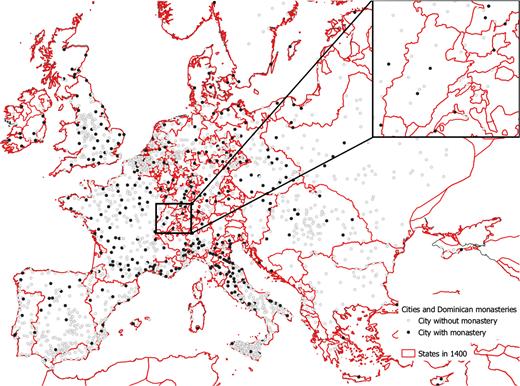 A map of Europe showing cities with and without Dominican monasteries, overlaid on state boundaries in 1400.