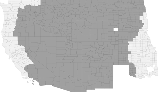 A map of the southwestern United States, with areas shaded in grey.