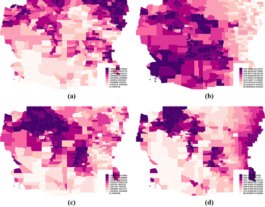Four maps showing soil quality, terrain ruggedness, stream density, and precipitation.