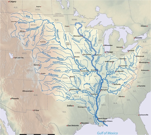 A map shows the Mississippi River basin and its major tributaries across the central United States, from the Rocky Mountains to the Gulf of Mexico.