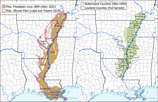 Two maps compare the Mississippi floodplain and alluvial plain with bottomland and lowland counties along the lower Mississippi River corridor.