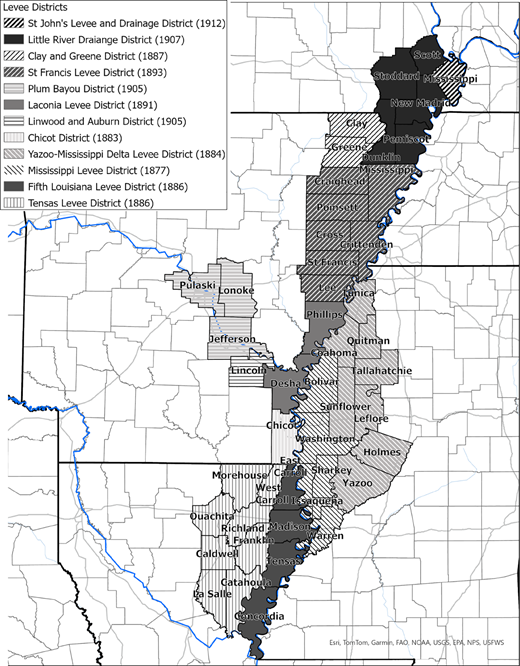 A map shows named levee and drainage districts along the Mississippi River corridor with county boundaries and district founding years.