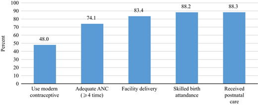 Percentage of women’s use of reproductive and maternal health services by type Refer to the image caption for details.