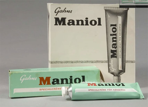 A product display shows Gahns Maniol hand cream packaging with a tube and box labelled Maniol and special cream for hands.