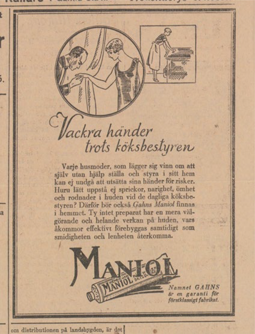 A printed advertisement presents Gahns Maniol hand cream with illustrated figures, Swedish text, and a product name shown prominently.
