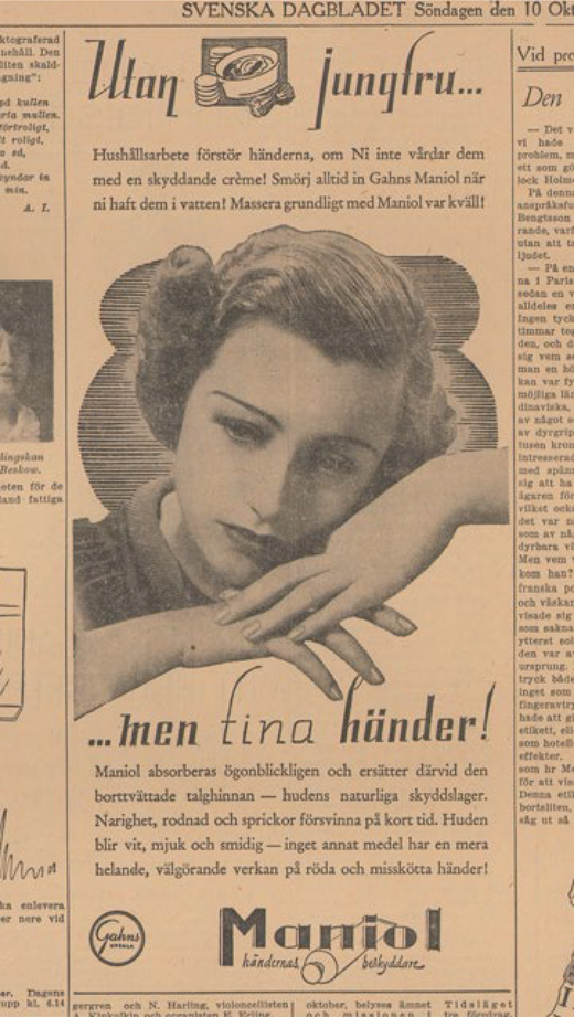 A newspaper advertisement shows a woman resting her face on her hands while promoting Gahns Maniol hand cream for softness and protection.