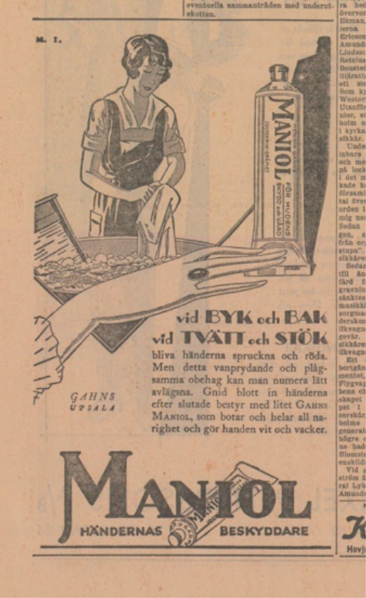 A newspaper advertisement depicts a woman washing laundry alongside illustrated hands and a Maniol container promoting hand protection during domestic work.