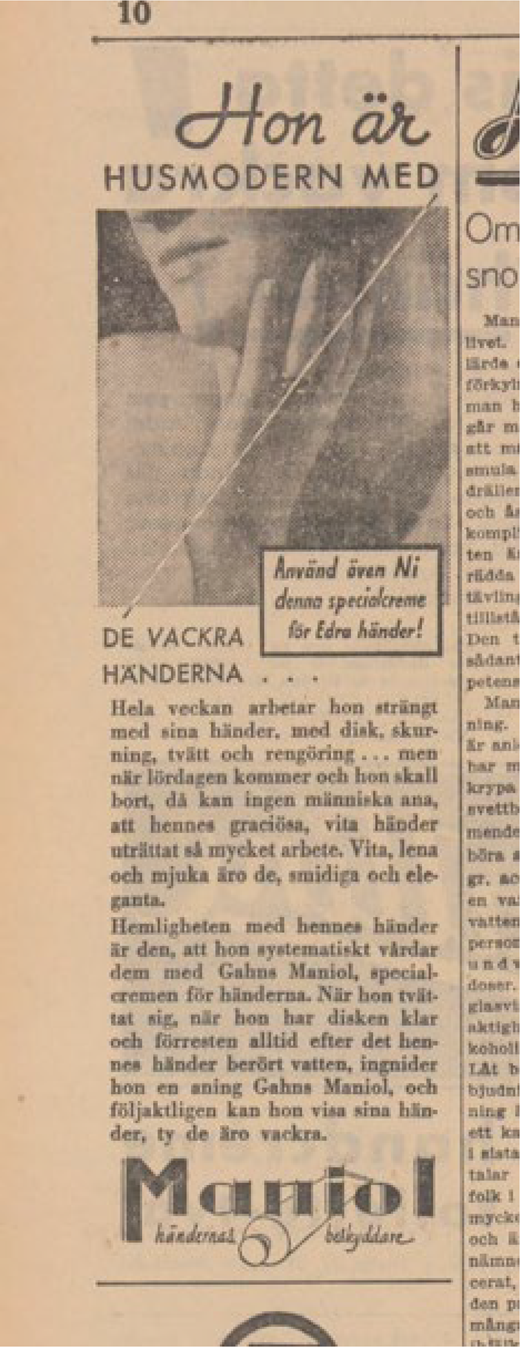 A newspaper advertisement presents a working housewife with visible hands, promoting Maniol hand cream for maintaining beauty despite heavy domestic labour.