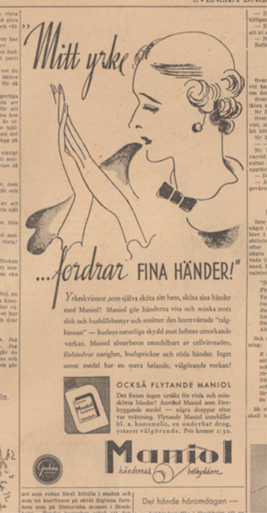 A newspaper advertisement shows an illustrated woman examining her hands while promoting Maniol hand cream for professional women who rely on hand appearance.
