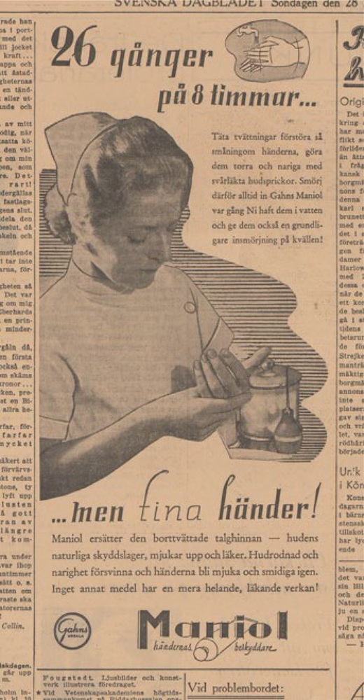 A newspaper advertisement shows a woman applying hand cream after frequent washing, promoting Maniol for protecting and restoring hands despite heavy domestic work.