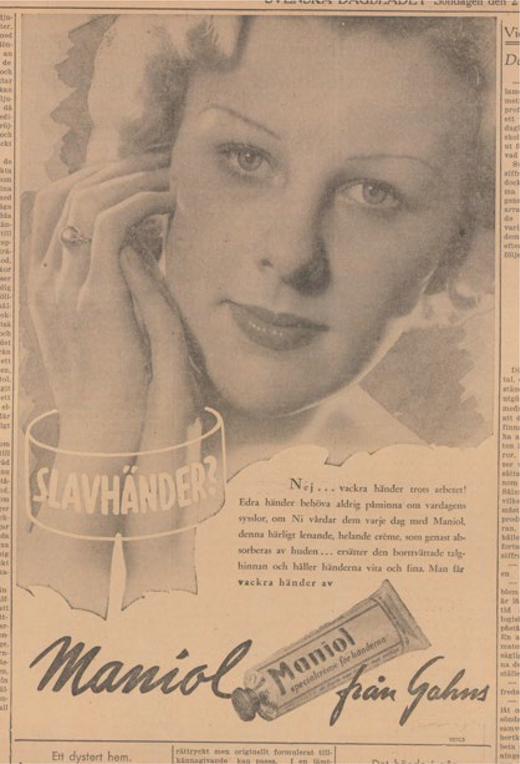 A newspaper advertisement shows a woman resting her face on her hands, promoting Maniol hand cream for maintaining soft and beautiful hands through daily care.