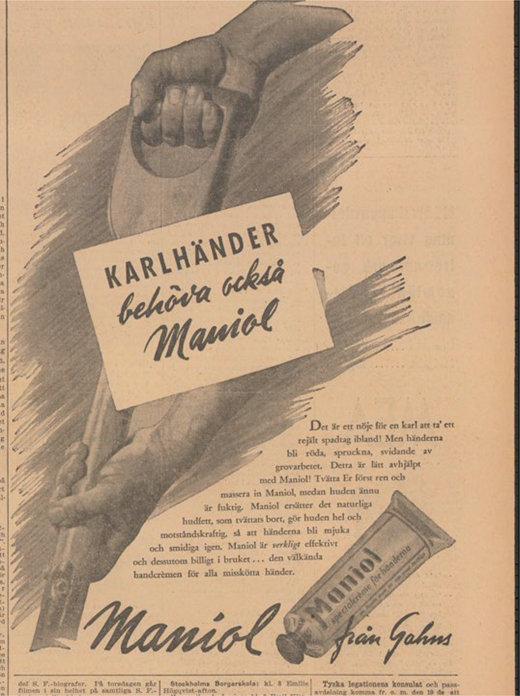 A vintage Swedish advertisement shows a raised clenched hand promoting Maniol hand cream for hardworking hands.