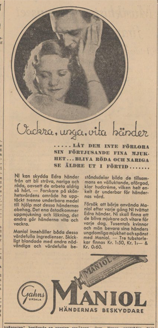 A vintage Swedish advertisement shows a woman and a man promoting Maniol hand cream as protection for soft hands.