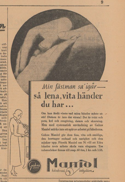 A vintage advertisement shows hands holding a card promoting Maniol hand cream for softness, protection, and care during daily work.