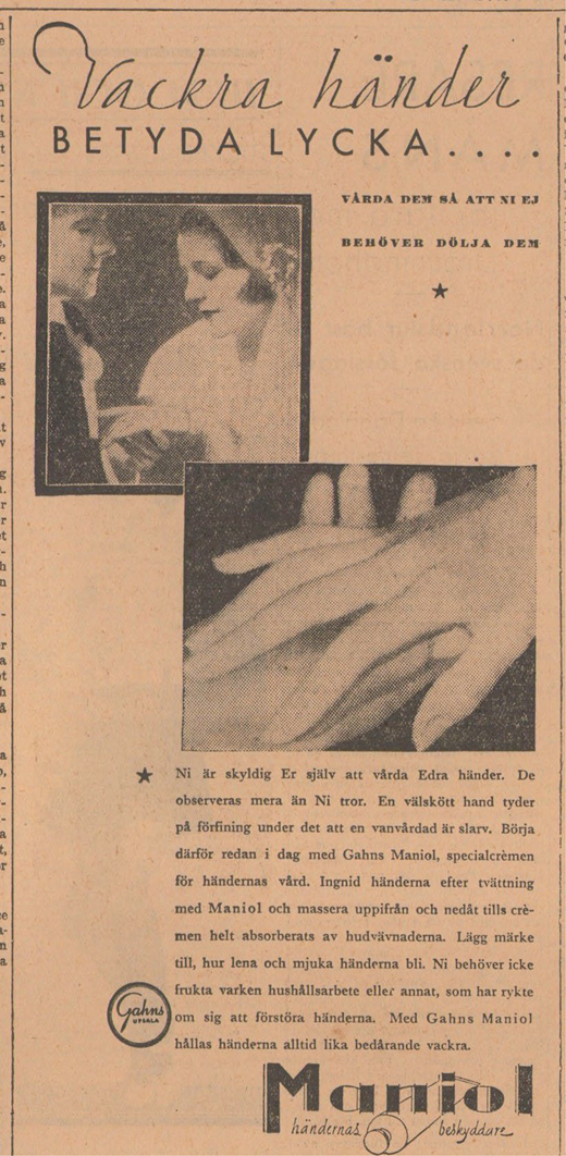 A vintage advertisement presents a couple and close views of hands to promote Maniol hand cream as a protector that keeps hands soft and attractive.
