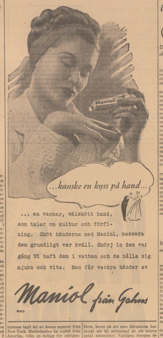 A vintage advertisement shows a woman holding Maniol hand cream, linking soft, well cared for hands with beauty, affection, and everyday personal care.