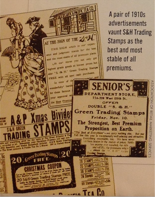 A collage of early twentieth-century advertisements promotes S and H Green Trading Stamps, featuring illustrated shoppers, store signage, coupons, and promotional text for premiums and double stamp offers.