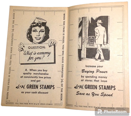 An open booklet page advertises S and H Green Stamps, with illustrated woman holding a sign, promotional text, and message encouraging increased buying power and saving as you spend.
