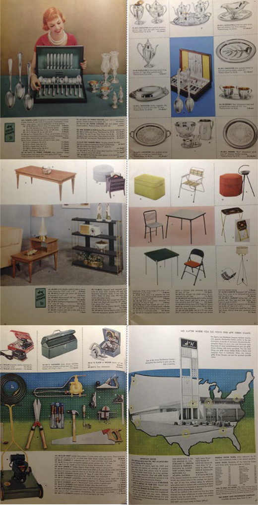 Catalogue pages display household goods, furniture, tools, and redemption items associated with S and H Green Stamps, arranged in product panels with descriptions and prices.