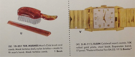 A catalogue panel displays a mans club brush and comb set, and an Elgin Caldwell man’s wristwatch with rolled gold plate and steel back and required stamp books for redemption.