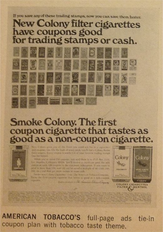 A full-page advertisement for Colony filter cigarettes promotes coupons redeemable for trading stamps, featuring rows of stamp illustrations, product text, and images of cigarette packs, including menthol variants.