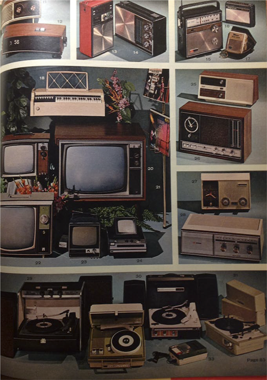 A vintage collage shows a catalogue page displaying household electronic products, including multiple television sets, radios, record players, and audio equipment, arranged in numbered sections across the page.