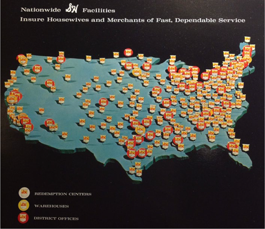 A map of the United States displays Nationwide S and H Facilities. Text at the top reads Nationwide S and H Facilities Insure Housewives and Merchants of Fast, Dependable Service.