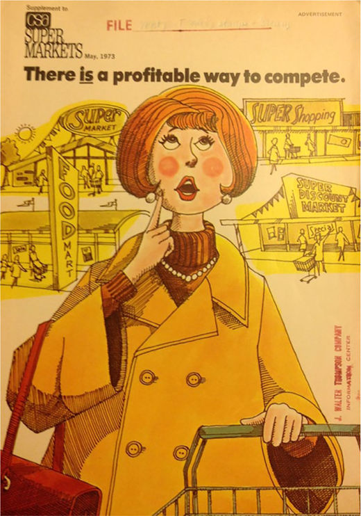 An advertisement from C S A Super Markets, May 1973 features illustrated woman with shopping trolley and supermarkets behind, headline reads There is a profitable way to compete.