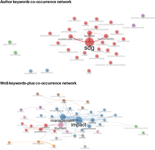 Two co-occurrence network visualizations show Author keywords and W o S keywords.