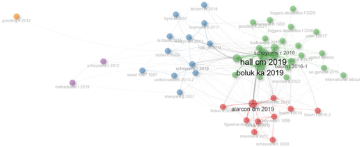 An author co-citation network visualizes how frequently specific authors are cited together across documents.