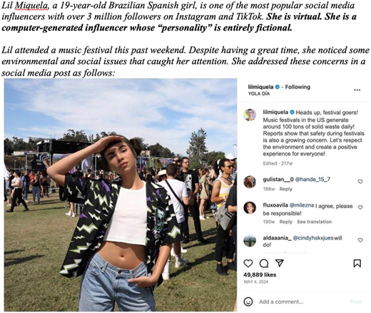 A virtual influencer named Lil Miquela at a music festival.